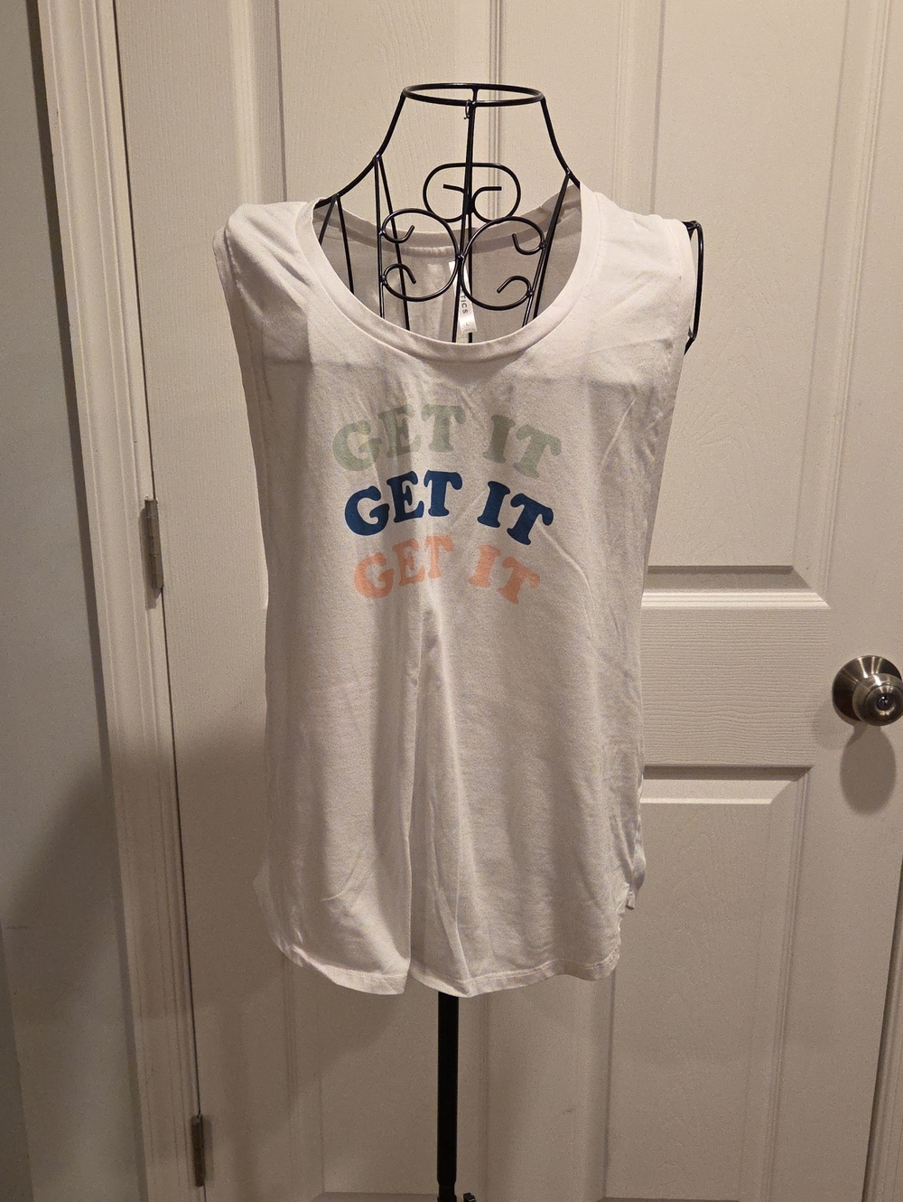 Fabletics White Tank Top with Mint, Blue & Peach "GET IT" Graphic